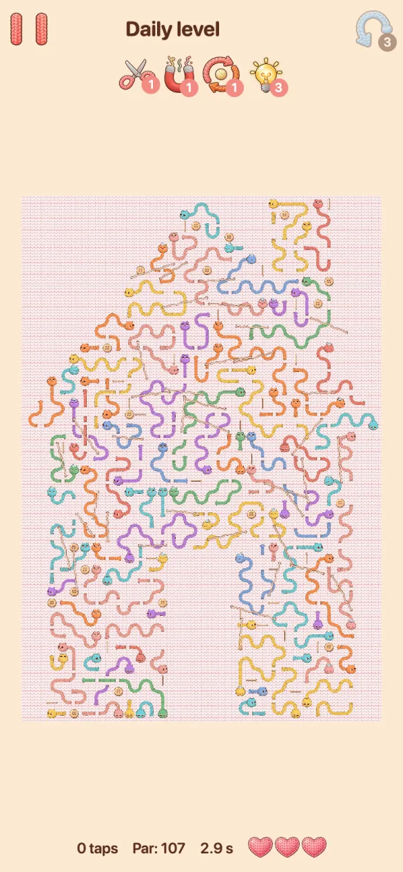 A daily puzzle: dozens of colourful Tanglings with wavy bodies fill a board shaped like a house.